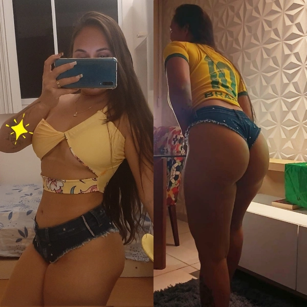 Foto amadora da casada rabuda em montagem com shortinho exibindo o rabo.